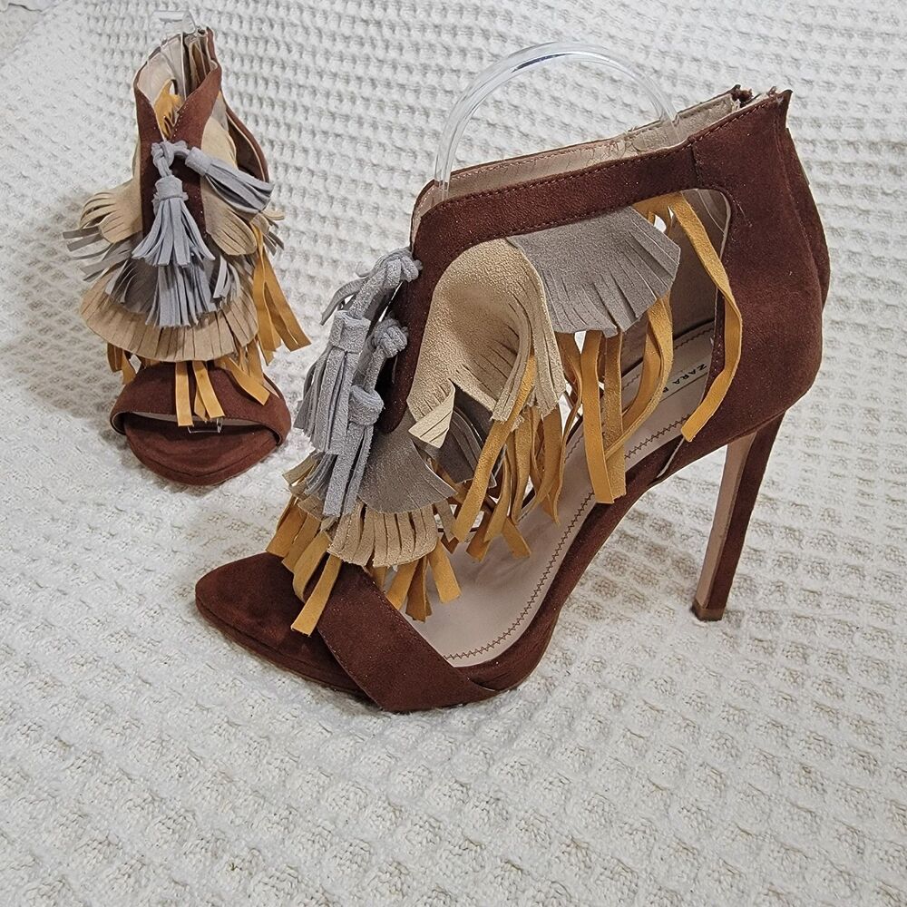 Zara Fringe Tassel Brown Multicolor Suede Stiletto Heel Sandals Size EU‎ 38 7.5 - Picture 1 of 16